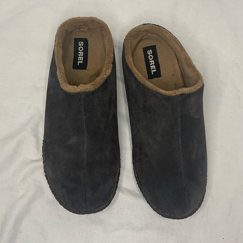 Sorel Lanner Ridge II Gray Suede Slippers Fleece Lined Women Size 6 Mens, Size 4